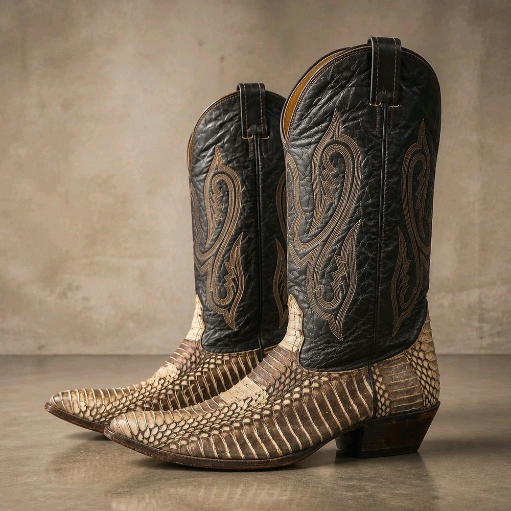 VTG Nocona Mens Sz 11 D Shoes Black Brown Leather Snakeskin Western Cowboy Boot